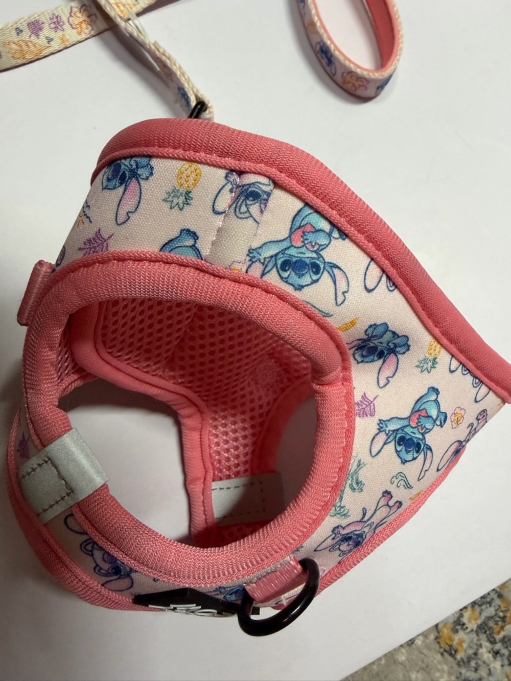 Pink dog Harness with Cartoon Stitch Print